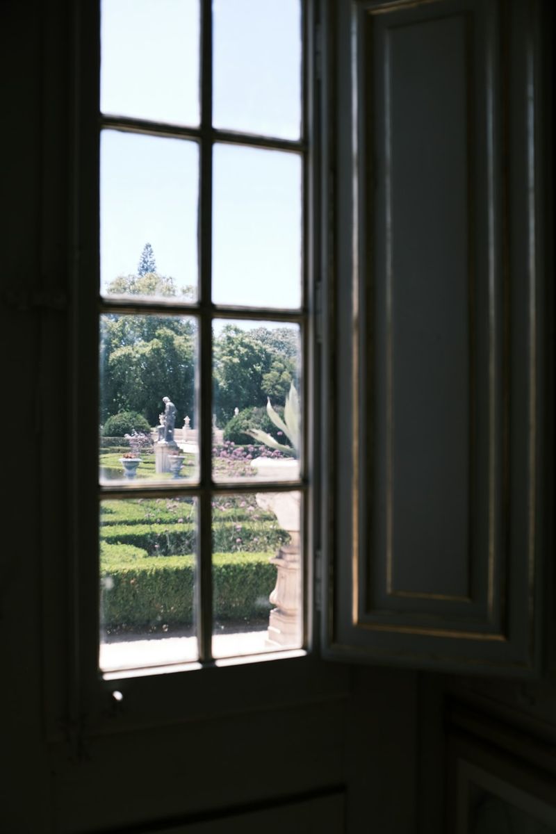 An open window with a view of a garden