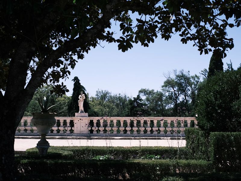 A statue of a man sitting on top of a bench next to a tree